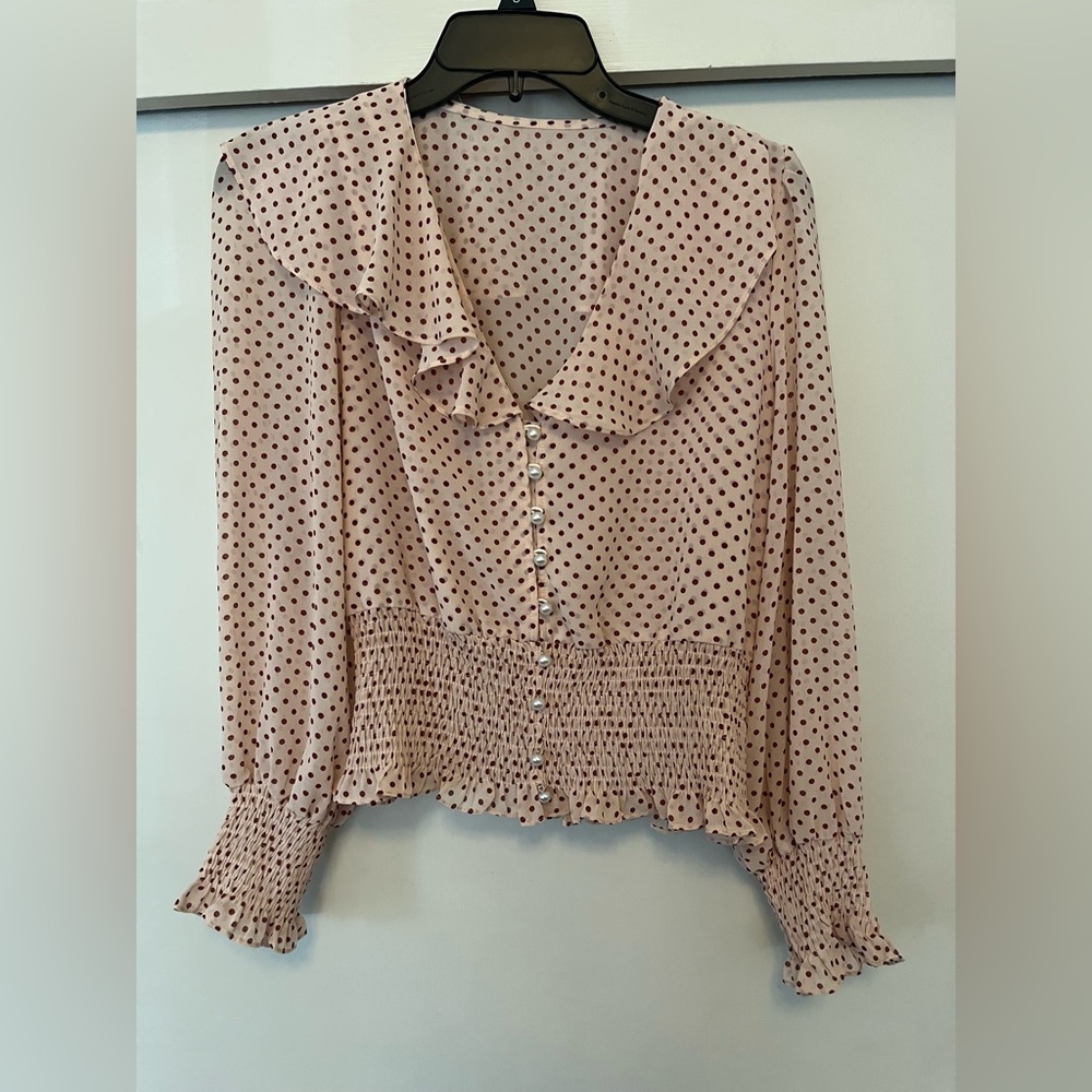 Pink Polka Dot Blouse with Ruffles